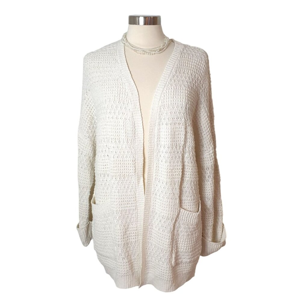 BKE Womens Cardigan L Cream Oversized Sweater Open Pockets Relaxed Fit Coastal